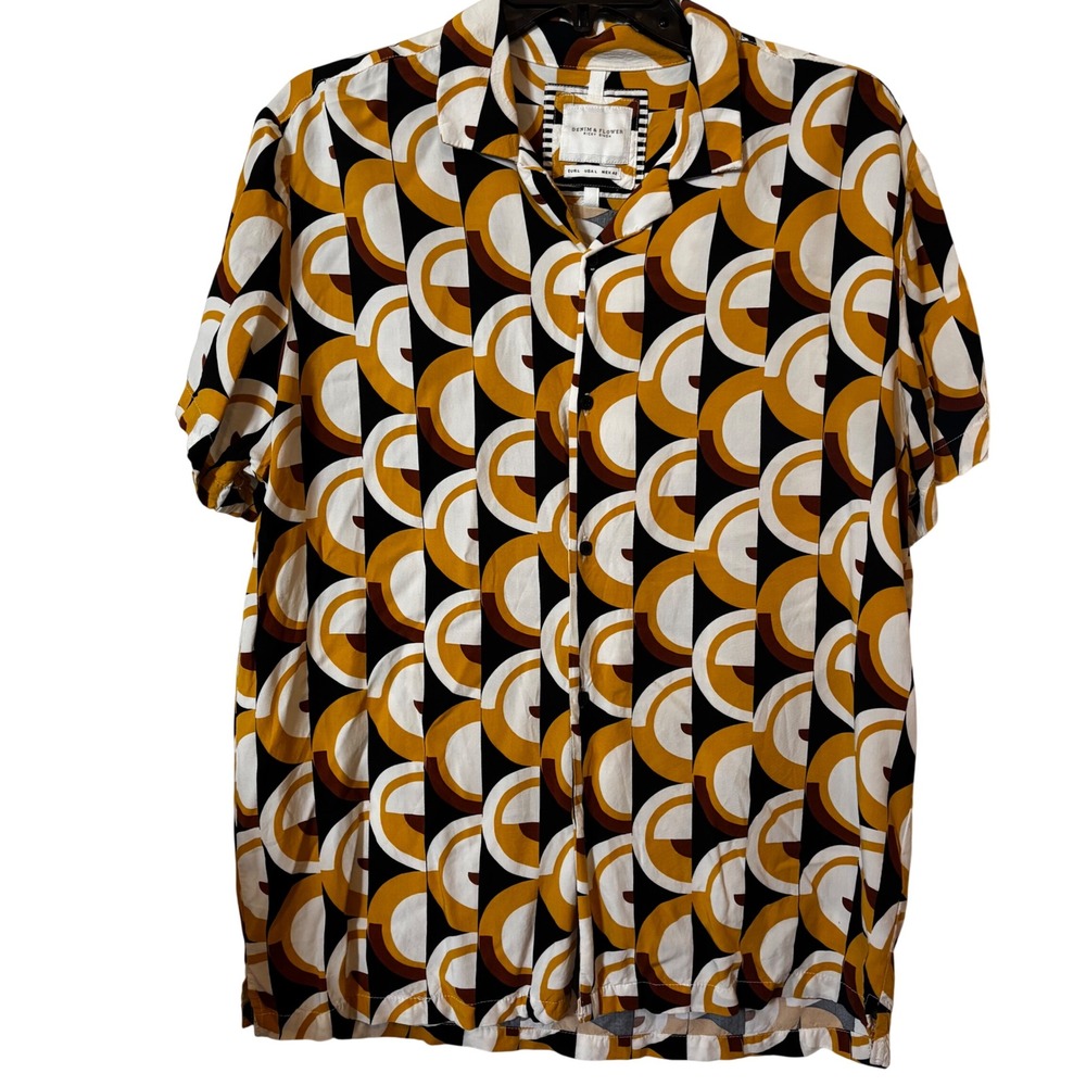 Denim & Flower Mens Shirt Large Button Down Short Sleeve Geometric Pattern